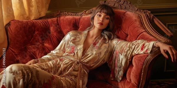 Obraz Model in Silk Robe on Chaise Longue
