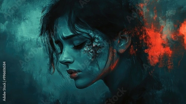 Fototapeta Surreal artwork depicting a solitary broken woman embodying themes of sadness loneliness and emotional turmoil A portrait illustration reflecting psychological concepts