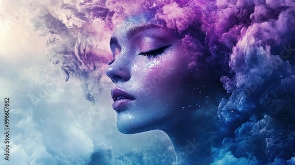 Fototapeta Surrealist 3D Illustration of a Female Portrait with Dreamy Splash Effects