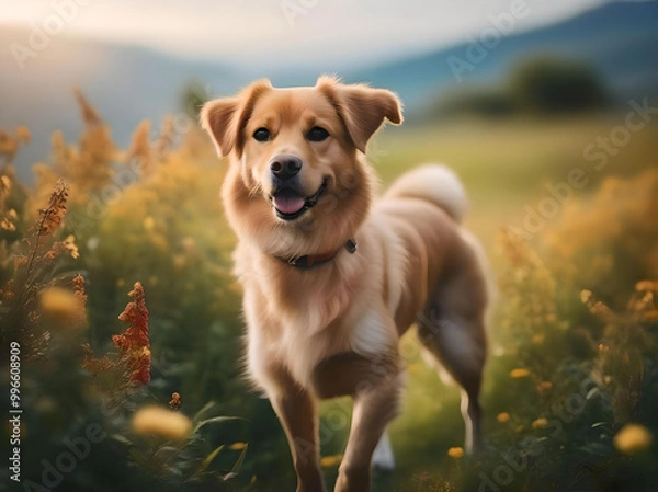 Fototapeta A golden retriever strolls through a colorful flower field, embodying joy in a picturesque garden setting. generated ai