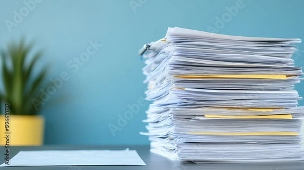 Obraz Stack of paperwork on desk with plant in background