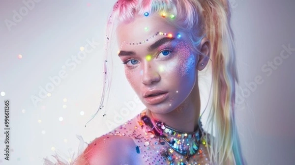 Fototapeta Woman with glitter on her face and bright makeup on a pink background
