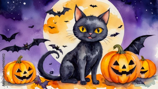 Fototapeta Black cat and jack-o'-lantern pumpkins with bats and Halloween decorations. Watercolor illustration with Happy Halloween text. Halloween celebration. Design for greeting card, poster, invitation