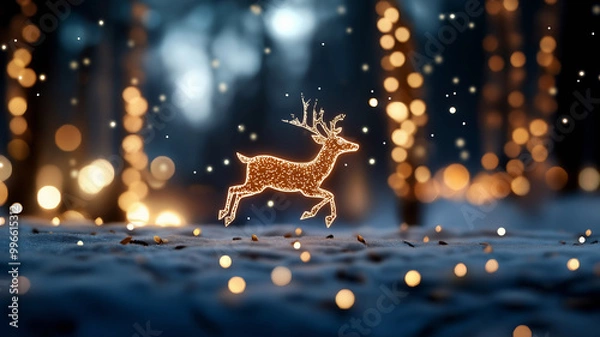 Fototapeta A reindeer light figure in a dynamic leaping pose, illuminated against a backdrop of soft bokeh lights in a snowy forest setting, creating a sense of motion and festivity.