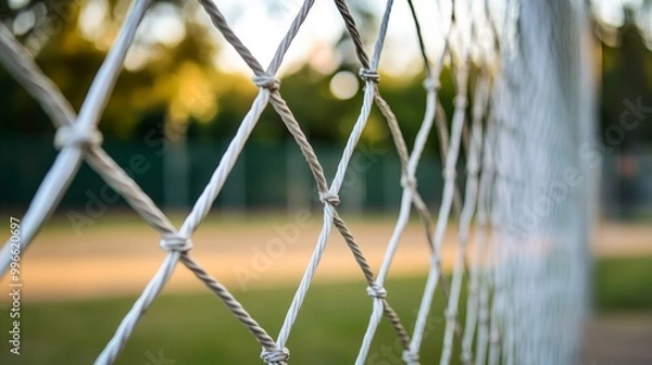 Fototapeta Close-up of a white soccer goal net with green grass and blurry background.