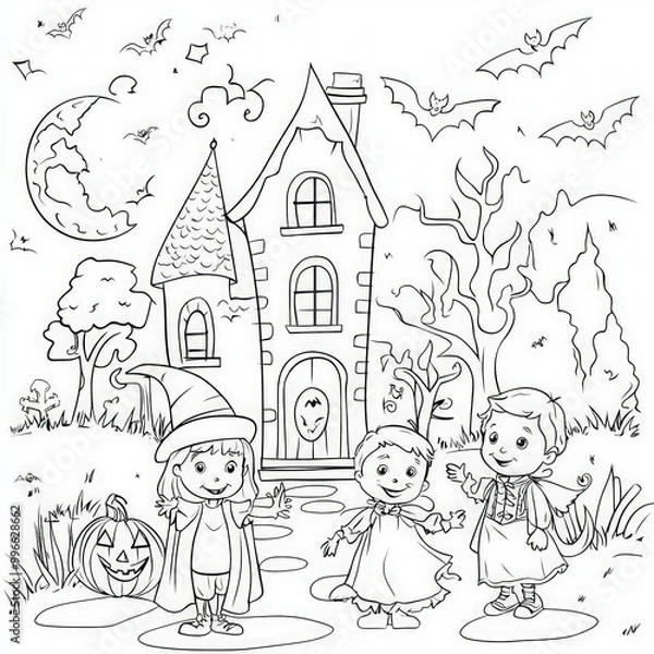 Obraz A Halloween scene with children in costumes, coloring page for kids, simple outline illustration. Coloring book, simple lines.