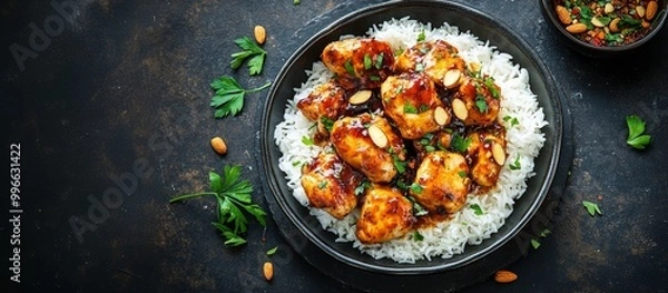 Fototapeta Pollo salteado con salsa agridulce sobre una cama de arroz blanco, adornado con hierbas frescas y almendras, presentado en un elegante plato negro.