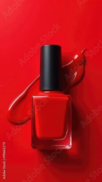 Fototapeta bottle with red lacquer on a red background, presentation of beauty products