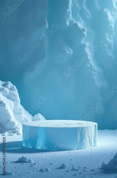 Fototapeta round podium made of ice on the background of snow-capped mountains