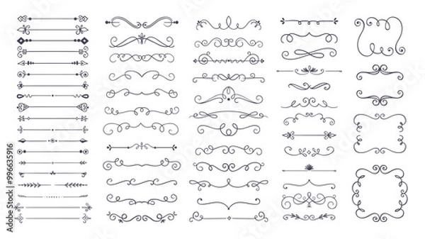 Fototapeta Cute hand-drawn decorative text dividers and frames. 60 swirl text dividers, isolated on a white background. Vector illustration.
