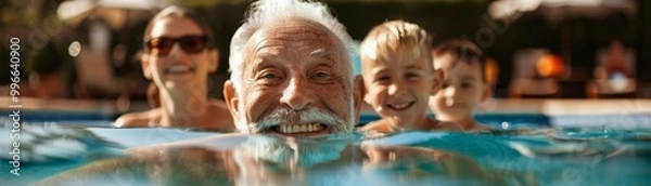 Fototapeta Happy family enjoying a sunny day in the pool, featuring a smiling grandfather, children, and smiling female relative in the background.