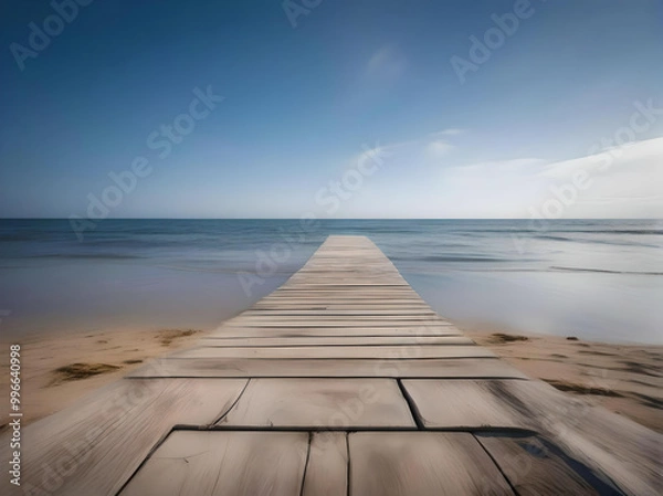 Fototapeta  A picturesque beach at sunset, with palm trees framing the scene and golden sand illuminated by the fading sun. generated ai