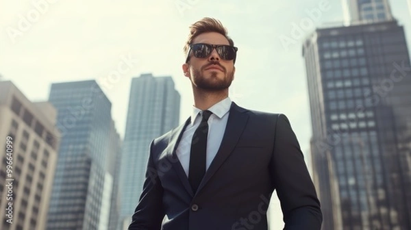 Fototapeta A sharply dressed man in a tailored navy suit walking briskly down a bustling city street, skyscrapers towering above, with a confident expression and stylish sunglasses