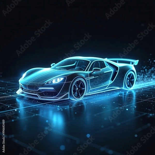 Fototapeta This image features a futuristic neon electric sports car glowing vibrantly in the dark, highlighting its sleek, aerodynamic design and cutting-edge technology on a digital grid backdrop.