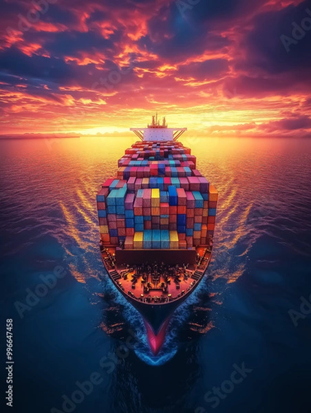 Fototapeta A stunning container ship sailing at sunset, perfect for maritime-themed projects and logistics promotions. Design for Wall Art, Poster Print, Wallpaper & Background