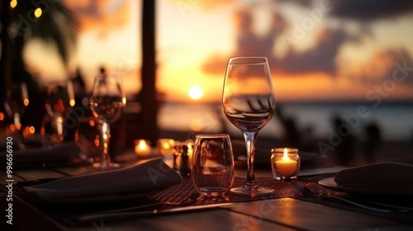 Fototapeta Romantic dinner table setting with wine glass on a wooden table, with the sunset in the background.