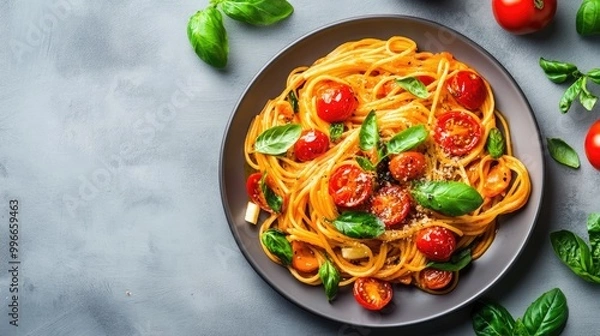 Fototapeta Delicious plate of spaghetti with cherry tomatoes and fresh basil, perfect for Italian cuisine lovers and food enthusiasts.