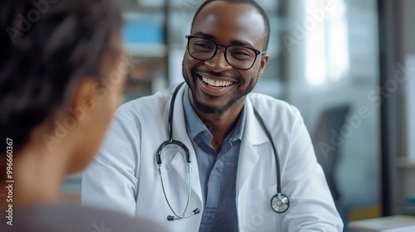 Fototapeta Smiling healthcare professional engaging with a patient in a bright clinic during a routine consultation