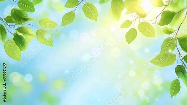 Obraz Spring background with branches and green leaves vector presentation design template with bokeh