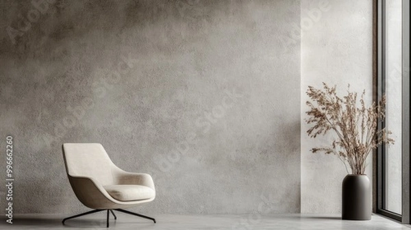 Fototapeta This contemporary living room features a chic accent chair set against a large gray mockup wall, complemented by a stylish vase of dried flowers by the window