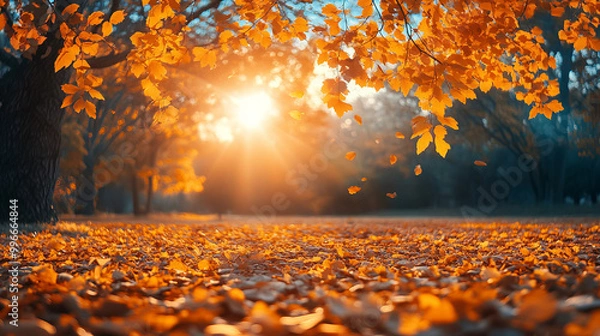 Fototapeta Autumn scene. Fall. Trees and leaves in sun light 