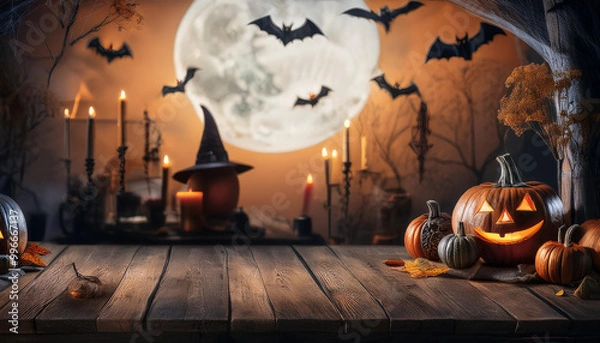 Fototapeta The empty black wooden table top with blur background of halloween season. For product display ,Empty dark wood table top with blurred bright Thanksgiving background. AI generated