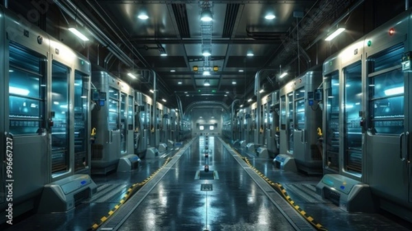 Obraz Futuristic Technology Warehouse with Neon Lighting