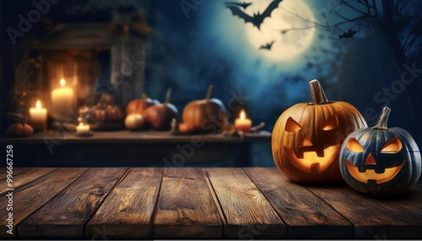 Fototapeta The empty black wooden table top with blur background of halloween season. For product display ,Empty dark wood table top with blurred bright Thanksgiving background. AI generated