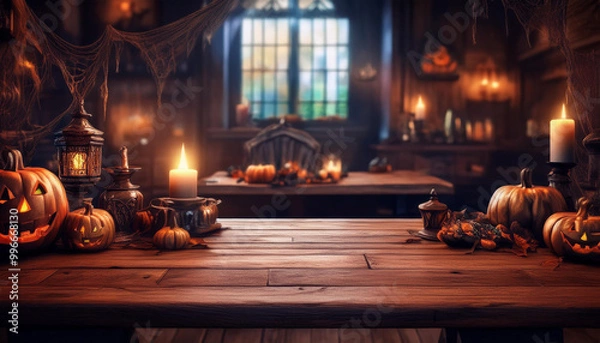 Fototapeta The empty black wooden table top with blur background of halloween season. For product display ,Empty dark wood table top with blurred bright Thanksgiving background. AI generated
