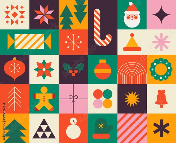 Fototapeta Advent Calendar, Merry Christmas poster, printable template with Xmas elements in modern minimalist style. Vector illustration and concept design.Holiday season, Trendy, contemporary abstract design. 