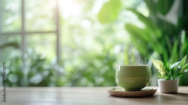 Fototapeta Cozy matcha green tea sits on a kitchen table with a wide window featuring green plants in a blurred background Evokes a theme of wellness mindfulness and relaxation