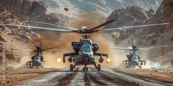 Fototapeta Two armed helicopters prepare for takeoff at an Indian desert airfield with distant hills in the background