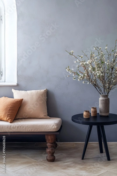 Fototapeta Cozy living room corner featuring a minimalist sofa and decorative table with natural elements in soft neutral tones