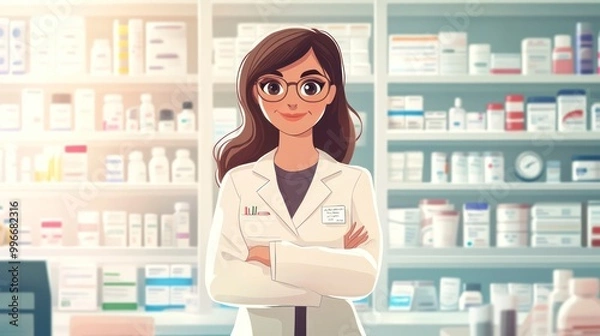 Fototapeta A female pharmacist stands with her arms crossed in front of a wall of shelves filled with pharmacy products.