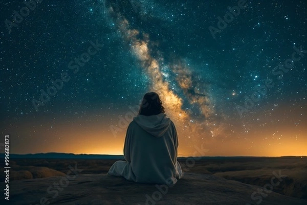Obraz Jesus, sitting on a rock in the wilderness, gazing up at the night sky filled with stars