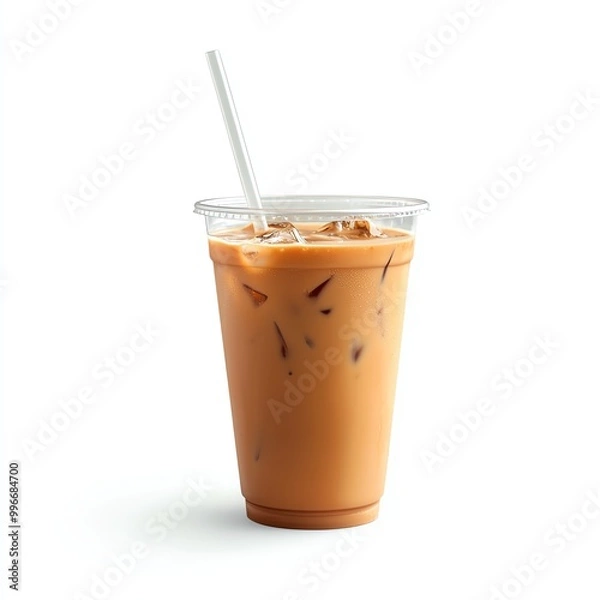 Fototapeta Iced coffee in a plastic cup with a straw, white isolate background