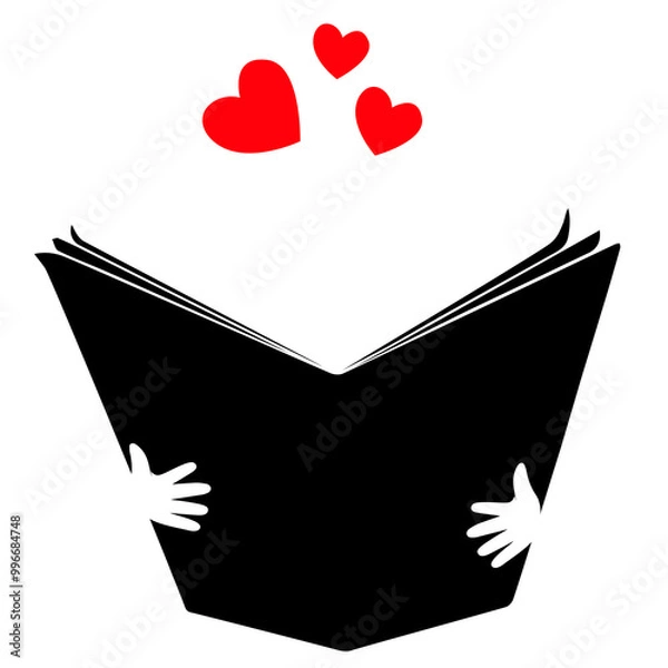 Fototapeta Open book with red cover and red hearts flying out. Isolated on turquoise background. Bibliophile, book lover flat icon illustration. Love reading logo raster version.