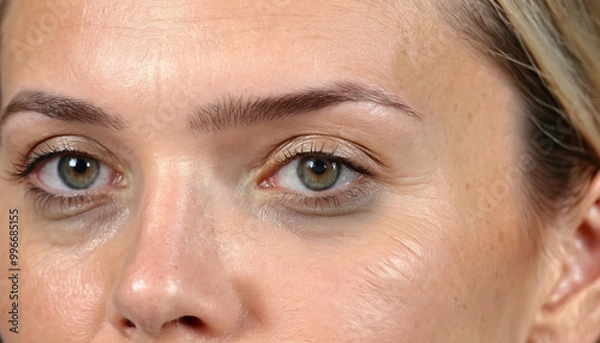 Fototapeta Closeup facial of woman with wrinkles, crow's feet  at the corners of eyes and  dark circles under eyes.
