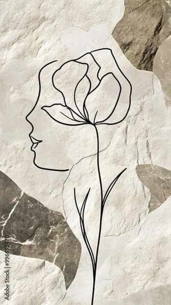 Fototapeta Silhouette, Shadow of Woman and Flower on Stone Background, Minimalist Drawing Art, Abstract Image, Texture, Pattern Background, Wallpaper, Cover and Screen of Smartphone, PC, Laptop, 9:16 and 16:9 Fo