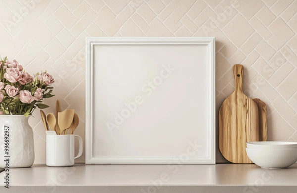 Obraz Moldura em branco apoiada em bancada de cozinha com frutas cítricas e utensílios, fundo claro e plantas decorativas ao redor, criada com IA generativa.