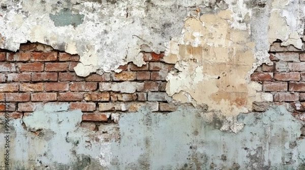 Fototapeta Aged brick wall featuring peeling plaster showcasing rustic texture Captures themes of urban decay and historical architecture