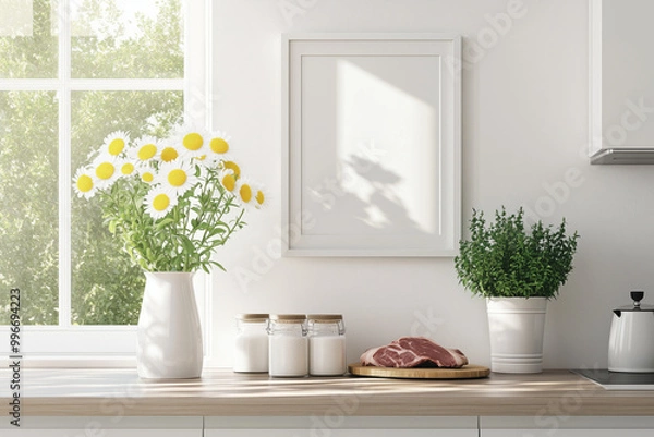 Fototapeta Moldura em branco apoiada em bancada de cozinha com frutas cítricas e utensílios, fundo claro e plantas decorativas ao redor, criada com IA generativa.
