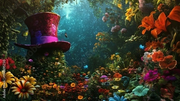 Fototapeta Minimalist background: A whimsical Wonderland tea party scene with Mad Hatter, Alice, and vintage silhouettes in a fabulous fairytale-inspired vector illustration.

