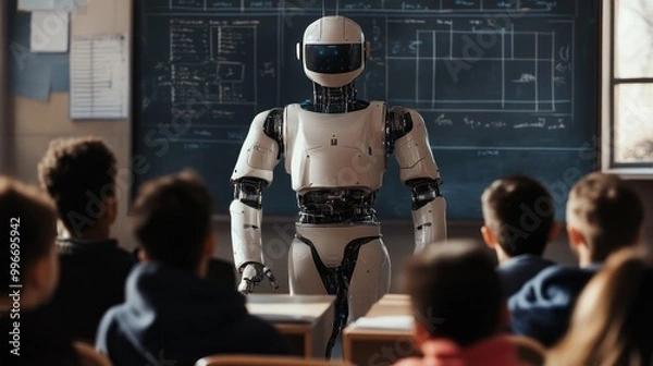 Fototapeta A robot is standing in front of a classroom full of students