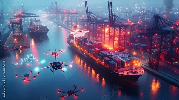Fototapeta A glowing cargo ship docked at a port, with drones scanning every container for quality assurance.