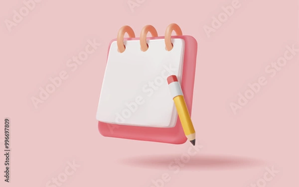 Fototapeta Blank notepad with pencil on pink background. Take note, Daily schedule planner, Sticky note, To do checklist, Calendar plan, Education, Remind, Note management, Business, 3D Vector illustration