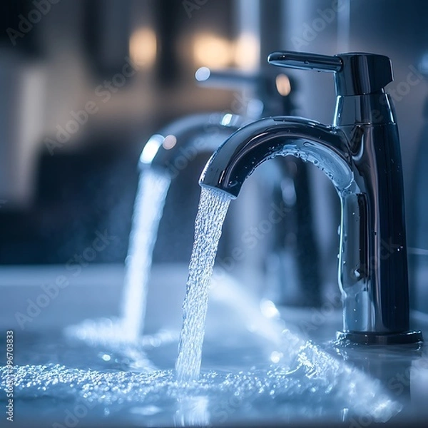 Fototapeta A close-up of a chrome faucet with water flowing from the spout into a sink, creating a splashing effect.