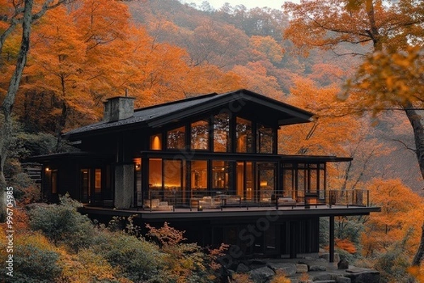 Fototapeta Modern cabin nestled in autumnal forest with large windows overlooking fall foliage.