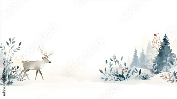 Obraz A peaceful watercolor scene of a reindeer walking through a snow-covered landscape, pale gray tones, subtle brushwork, copy space
