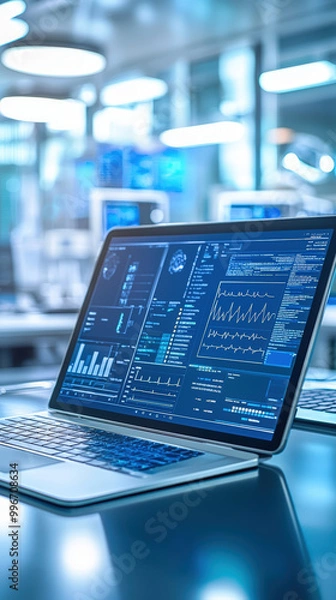 Fototapeta Digital tablet displaying an electronic health record (EHR) system with various data visualizations and graphs. modern workspace is designed for healthcare professionals, showcasing advanced technolog